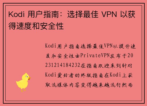 Kodi 用户指南：选择最佳 VPN 以获得速度和安全性